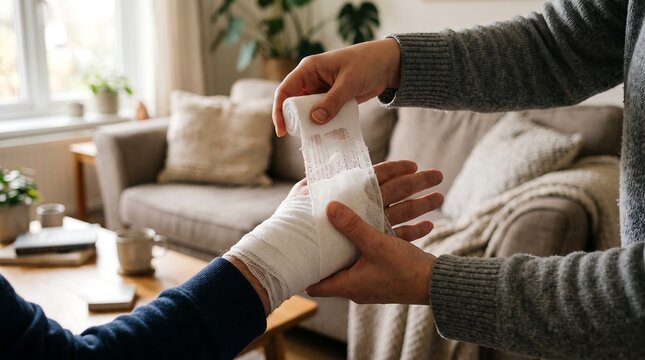 Close-up of a caregiver meticulously wrapping a white bandage around an injured ankle, providing essential first aid and support in the comfort of a home environment