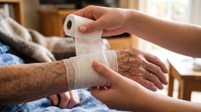 Compassionate hands meticulously providing essential first aid and supportive care, gently bandaging the wrist of an elderly person, illustrating dedicated home health assistance and human connection
