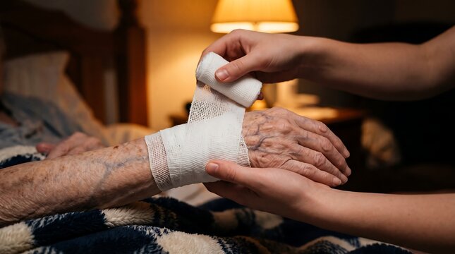 Caregiver wrapping a bandage on the injured hand of an elderly patient in bed