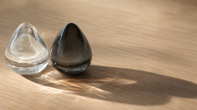 Two smooth glass teardrop shapes on a wooden surface with dappled light