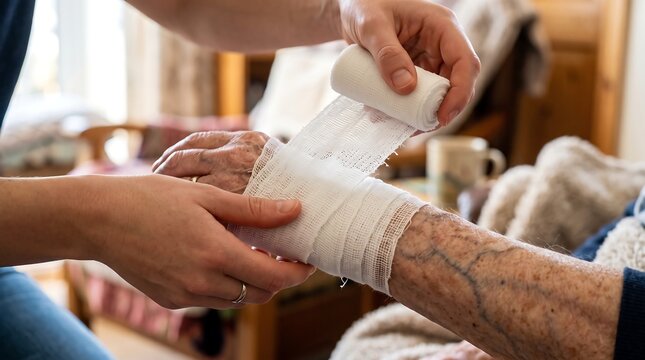 Caregiver applying a medical bandage to the wrist of an elderly patient during home healthcare assistance