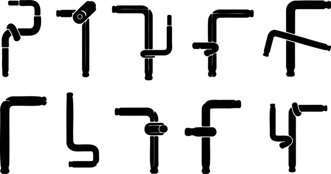 Pipe fitting silhouettes collection, plumbing and industrial concept, minimal black vector illustration showing various elbow, T‑joint, and connector shapes