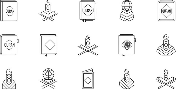 Quran silhouettes collection, Islamic faith icons, religious spirituality illustration, cultural tradition design, minimalist black vector artwork