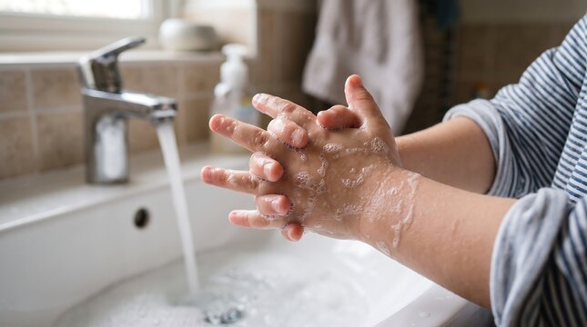 Hand Washing Routine: A person carefully washes their hands under a running tap, creating a lather of soap and water, emphasizing hygiene and cleanliness.