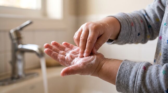 Child washing hands with soap and water at bathroom sink for hygiene
