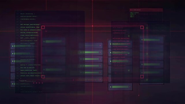 Dark Futuristic Programming Interface with Multiple Code Windows and Cyber HUD