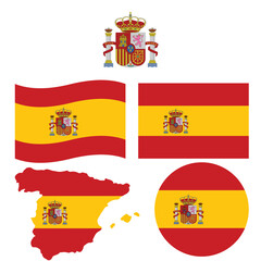 Fototapeta premium Spain Flag Set Vector Illustration including Coat of Arms, Country Map, Waving Banner, and Round Icon