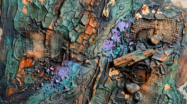 Abstract mixed media painting with colorful textures, fabrics, wood, and gold leaf.