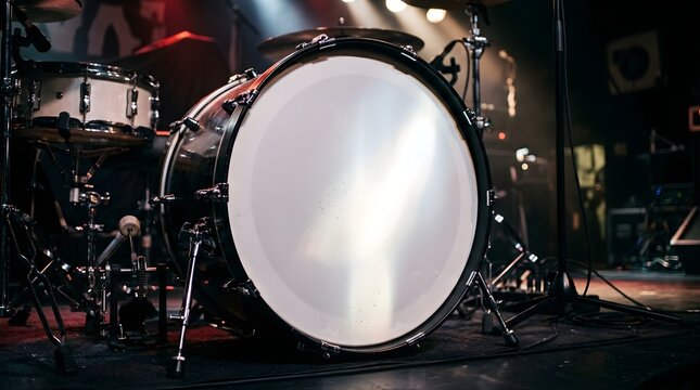 Professional bass drum standing on a dimly lit concert stage for music