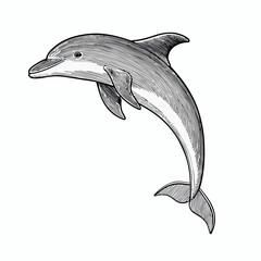 Detailed monochrome illustration of a common bottlenose dolphin leaping forward © kaka