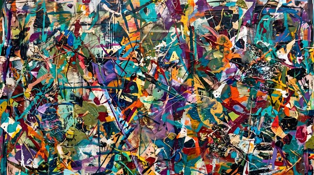 Vibrant abstract expressionist painting with thick, colorful splatters and chaotic brushstrokes.