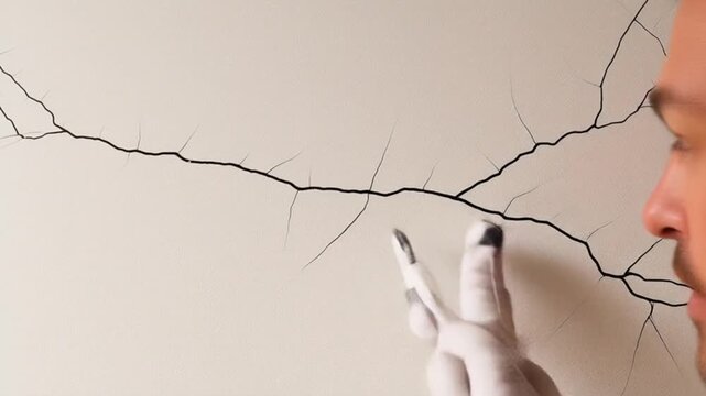 slow crack forming on beige wall, close-up time-lapse video