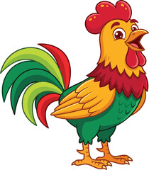 Vibrant cartoon rooster character vector illustration featuring a happy crowing cockerel with colorful plumage standing isolated on white background © MdMoksedul