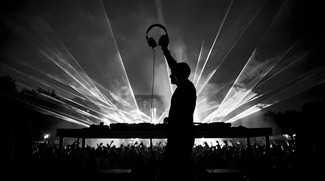 Silhouette of a DJ holding headphones during a music festival at night