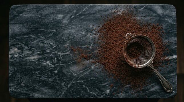 Top view of a vintage metal sieve resting on a dark marble surface with scattered cocoa powder for baking preparation