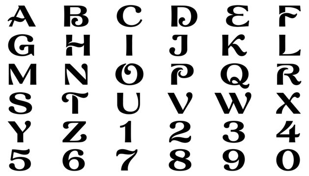Black serif font alphabet letters and numbers set arranged neatly in columns showing uppercase typography characters from a to z and digits from zero to nine language school