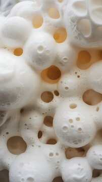 Close up macro photograph of white foam bubbles creating an intricate and organic cellular pattern