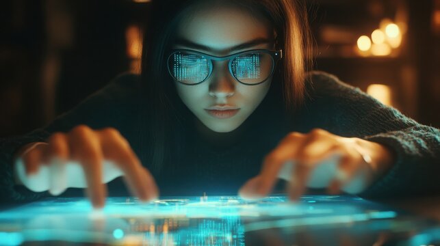 Programmer works with a complex holographic touch screen display while wearing glasses in a dim office environment.