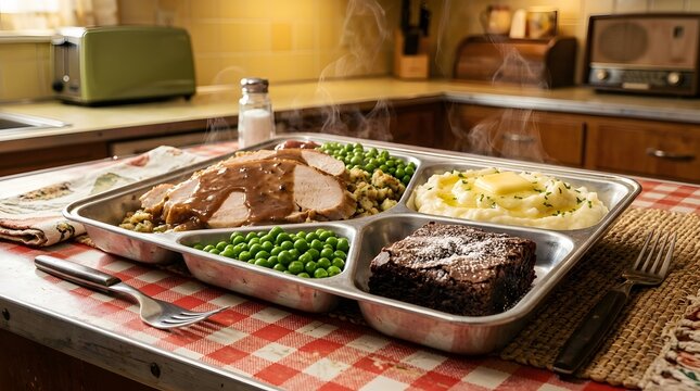Hot tv dinner on a metal tray, retro style meal with turkey, peas, and mashed potatoes, perfect for National TV Dinner Day