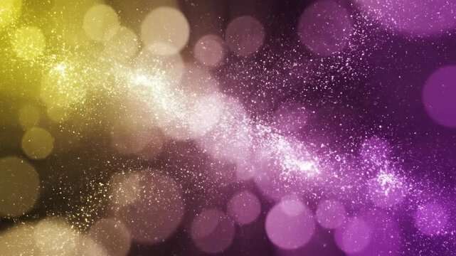 Defocused Circular Light Shapes and Sparkling Particles Flowing Across Yellow and Purple Gradient