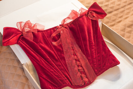 Luxurious deep red velvet corset top with off-the-shoulder straps and ribbon bows hanging on a hanger or lying in a gift box. Elegant feminine fashion lingerie garment with lacing detail