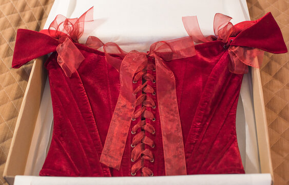 Luxurious deep red velvet corset top with off-the-shoulder straps and ribbon bows hanging on a hanger or lying in a gift box. Elegant feminine fashion lingerie garment with lacing detail