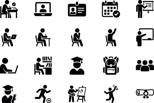 Education School Student Glyph Icon Set, Online Learning, Classroom, Teacher, Graduation Solid Pictograms