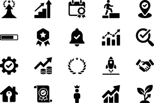Business Success and Verification Solid Glyph Icon Set &ndash; Achievement, Growth, Leadership and Quality Assurance Icons