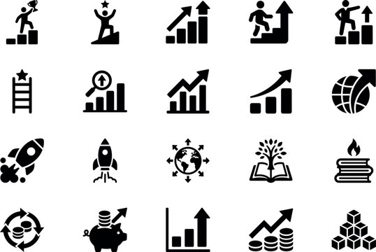 Business Growth and Success Solid Glyph Icon Set &ndash; Career Progress, Startup, Financial Growth and Leadership Icons