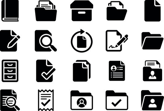 Document Management Pictogram Icons Set, File Folder Archive Office Business Glyph Symbols