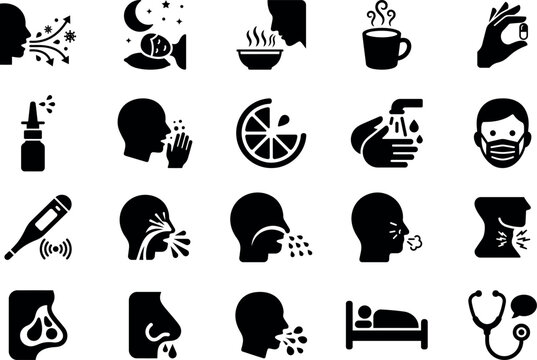 Cold Flu Allergy Pictogram Icons Set, Respiratory Care, Sneezing, Runny Nose, Medical Glyph Symbols