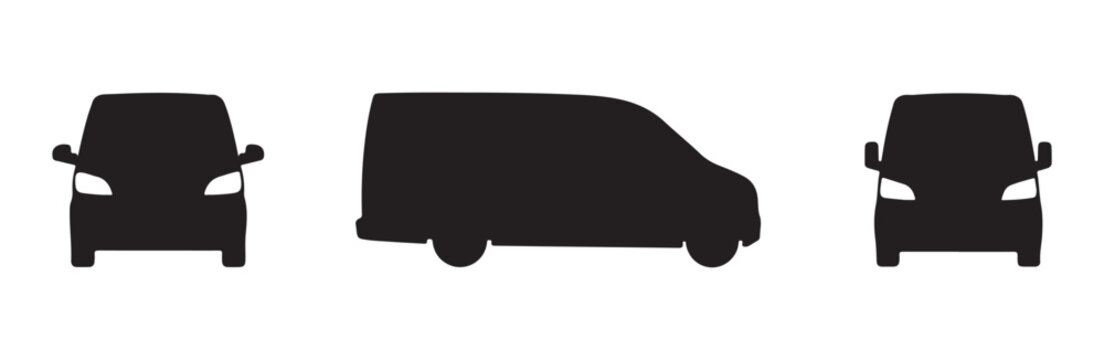 Set of black car icons, featuring front view and side view silhouettes.