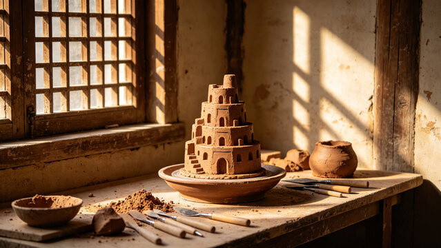 A handcrafted multi-tiered clay tower building sits on a pottery wheel surrounded by tools and raw clay in a sunlit workshop