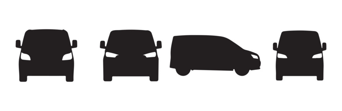 Set of black car icons, featuring front view and side view silhouettes.
