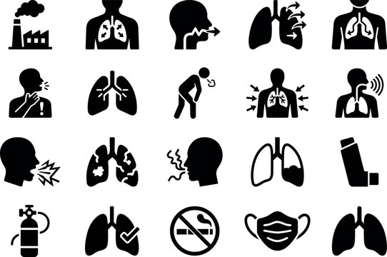 Respiratory System Pictogram Icons Set, Lung Disease, Breathing, Asthma, Cough, Air Pollution, Medical Glyph Symbols