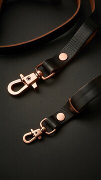 Product photography shot of two black leather straps with rose gold metal lobster clasps