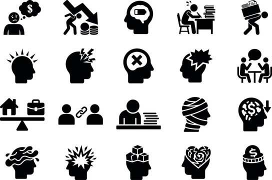 Mental Stress and Burnout Pictogram Icon Set, Workplace Pressure, Financial Anxiety, Emotional Overload, Depression, Psychology, Counseling, Mental Health, Silhouette Icons Collection