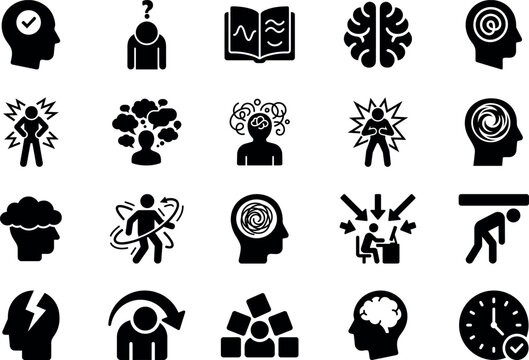 Mental Health Disorders and Cognitive Psychology Pictogram Icon Set, Anxiety, Stress, Depression, Brain Health, Burnout, Emotional Wellness, Therapy, Silhouette Icons Collection
