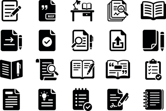 Document Management and Office File Pictogram Icon Set, Documents, Reports, Research, Writing, Book, Notes, Checklist, Reference, Business Documentation, Silhouette Icons Collection