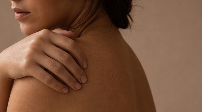 A close-up of a woman"s shoulder and hand, showing skin texture and natural tones against a neutral background.