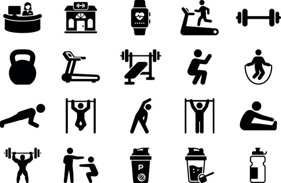 Fitness and Gym Icon Set &ndash; Workout, Exercise, Health and Sports Pictogram Vector Bundle

