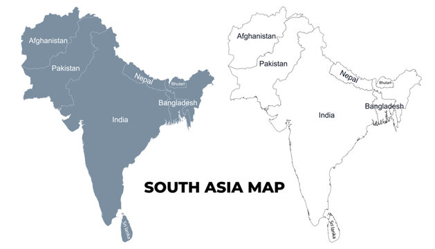 South Asia map illustration in solid silhouette and line outline