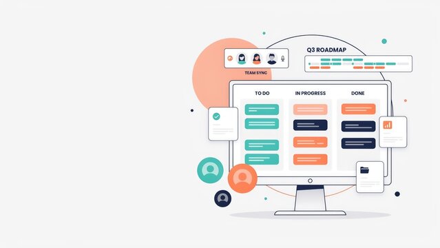 Collaborative team project management dashboard with task tracking with depicts stylized digital workspace with digital screen, collaboration