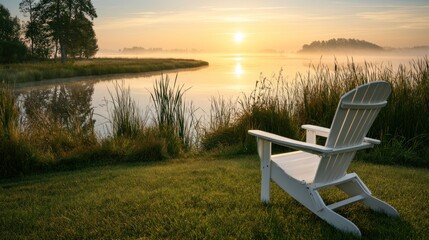 Fototapeta premium White adirondack chair on grassy shoreline at sunrise with misty lake