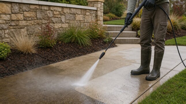 A person uses a pressure washer to clean a concrete driveway beside a landscaped garden with a stone wall.