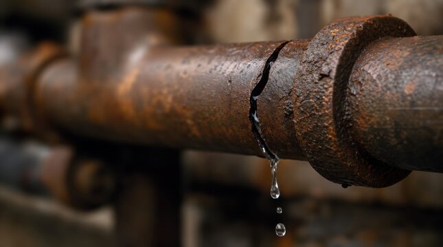 A close-up of a rusted metal pipe with a crack causing water droplets to leak out.