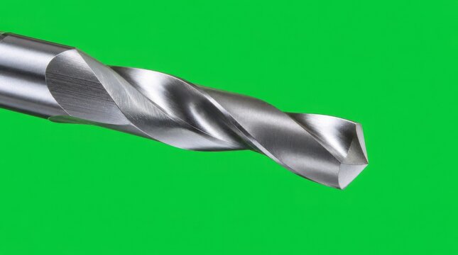 Close-up of a metallic drill bit with sharp edges against a vibrant green background.