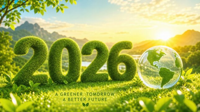 A vibrant landscape with '2026' shaped from green foliage and a transparent globe, symbolizing a greener tomorrow and a better future under a bright sunrise.