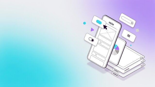 Modern mobile application wireframe design with interactive ui elements in isometric style with highlighting user experience user interface components vibrant accents clean lines