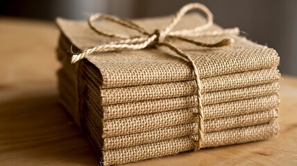 Obraz premium Close up of a stack of rustic burlap napkins tied with jute twine on a wooden table surface